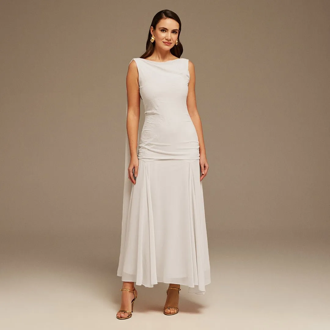 White Sleeveless Chiffon Maxi Dress with embroidery