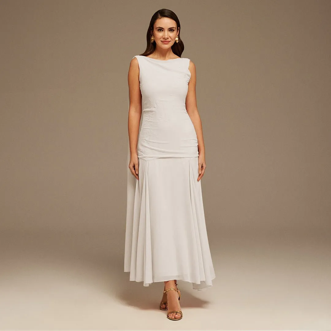 White Sleeveless Chiffon Maxi Dress with embroidery
