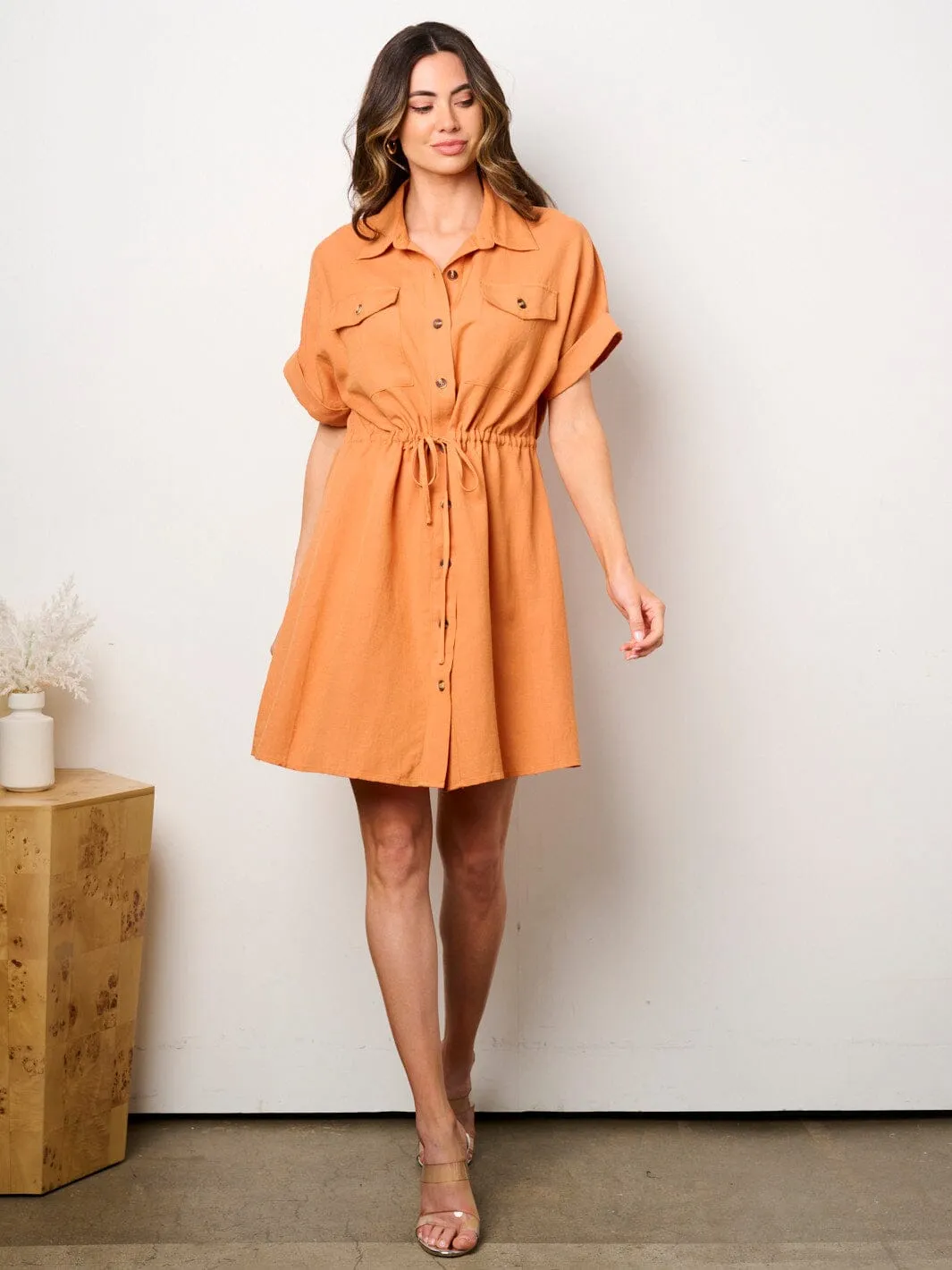 WOMEN'S SHORT SLEEVE BUTTON UP POCKETS FIT & FLARE MINI DRESS