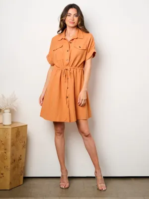 WOMEN'S SHORT SLEEVE BUTTON UP POCKETS FIT & FLARE MINI DRESS