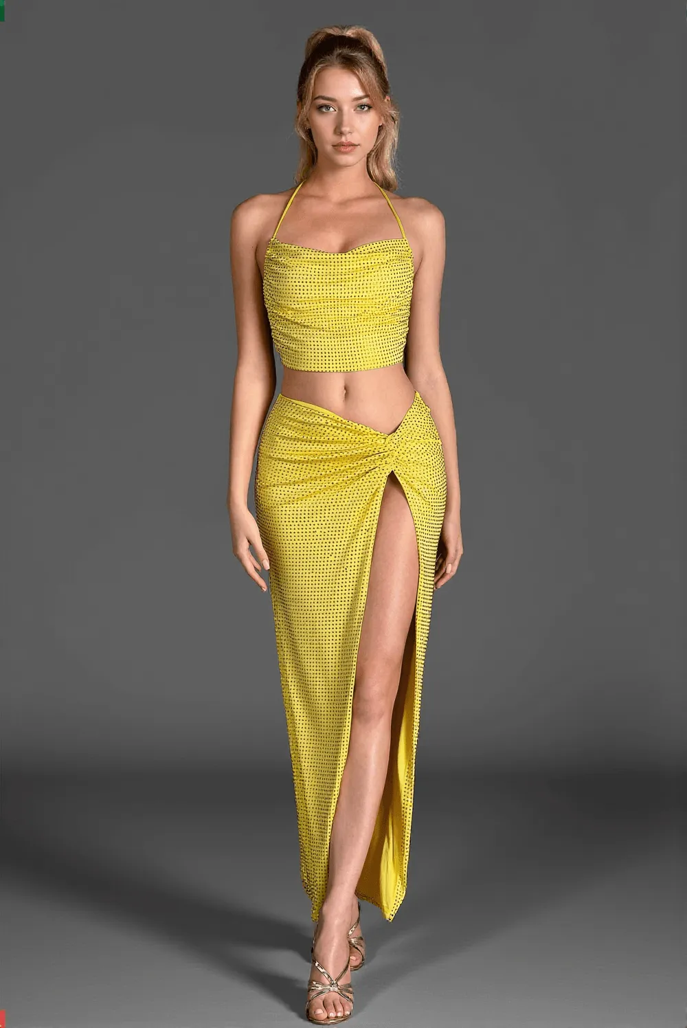 Xeneli Backless Halter High Slit 2 Piece Set In Yellow